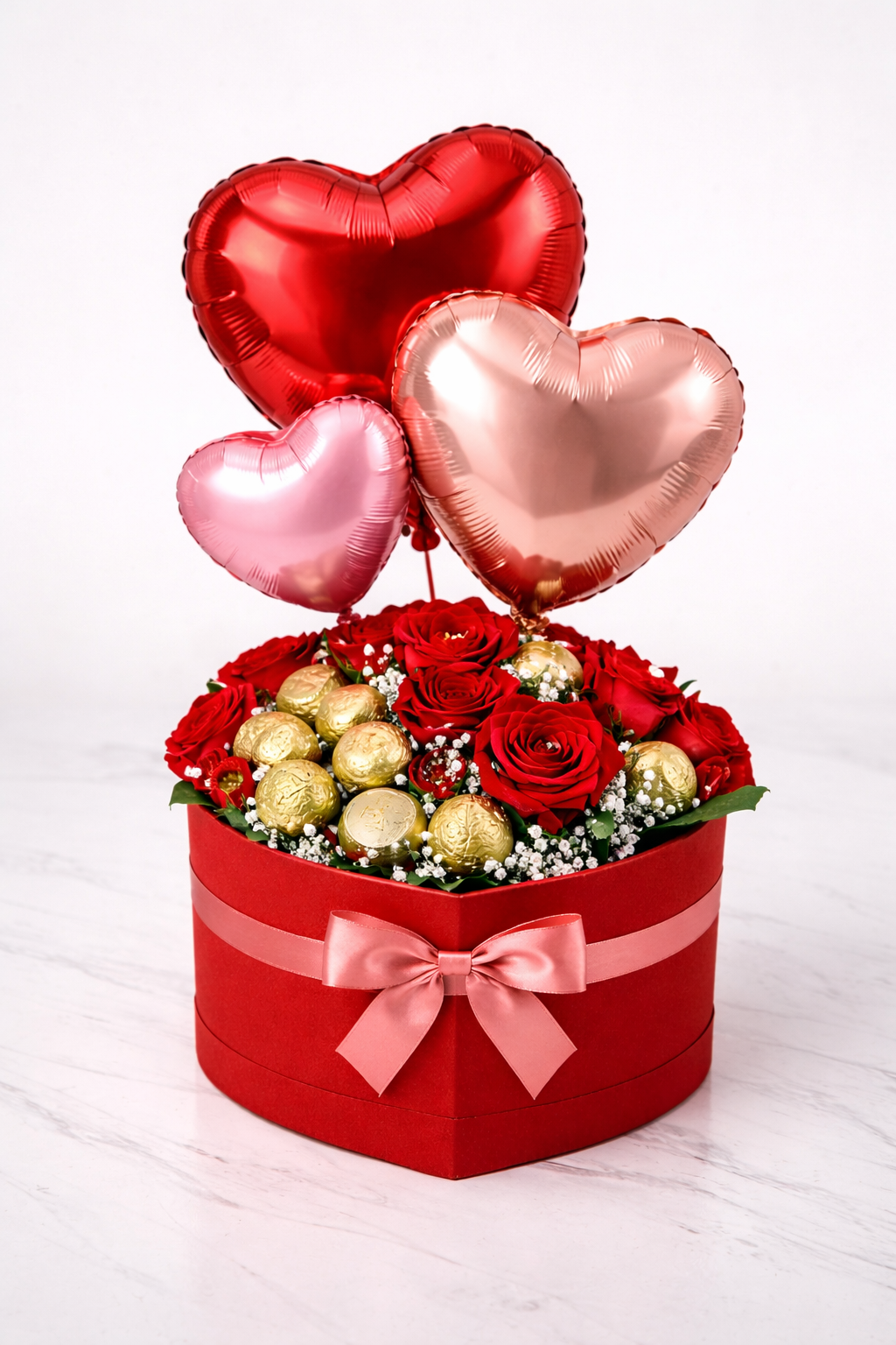 Luxury Valentine’s Day heart box filled with artificial roses, Ferrero Rocher chocolates, and heart-shaped balloons in Brisbane and Gold Coast