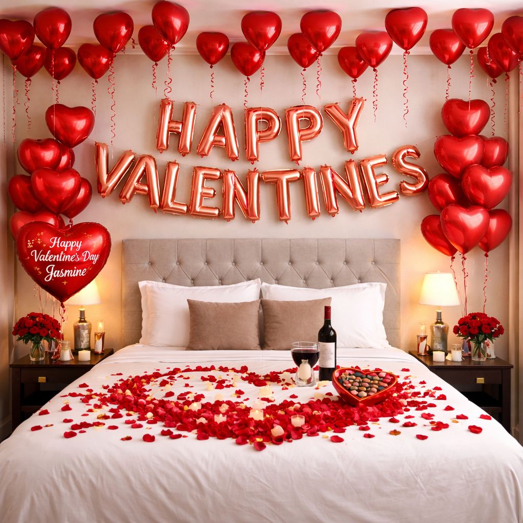 Luxury Valentine’s Day hotel room or home surprise with 40 helium balloons, personalised red heart balloon, rose petals, candles, wine and chocolates in Brisbane and Gold Coast