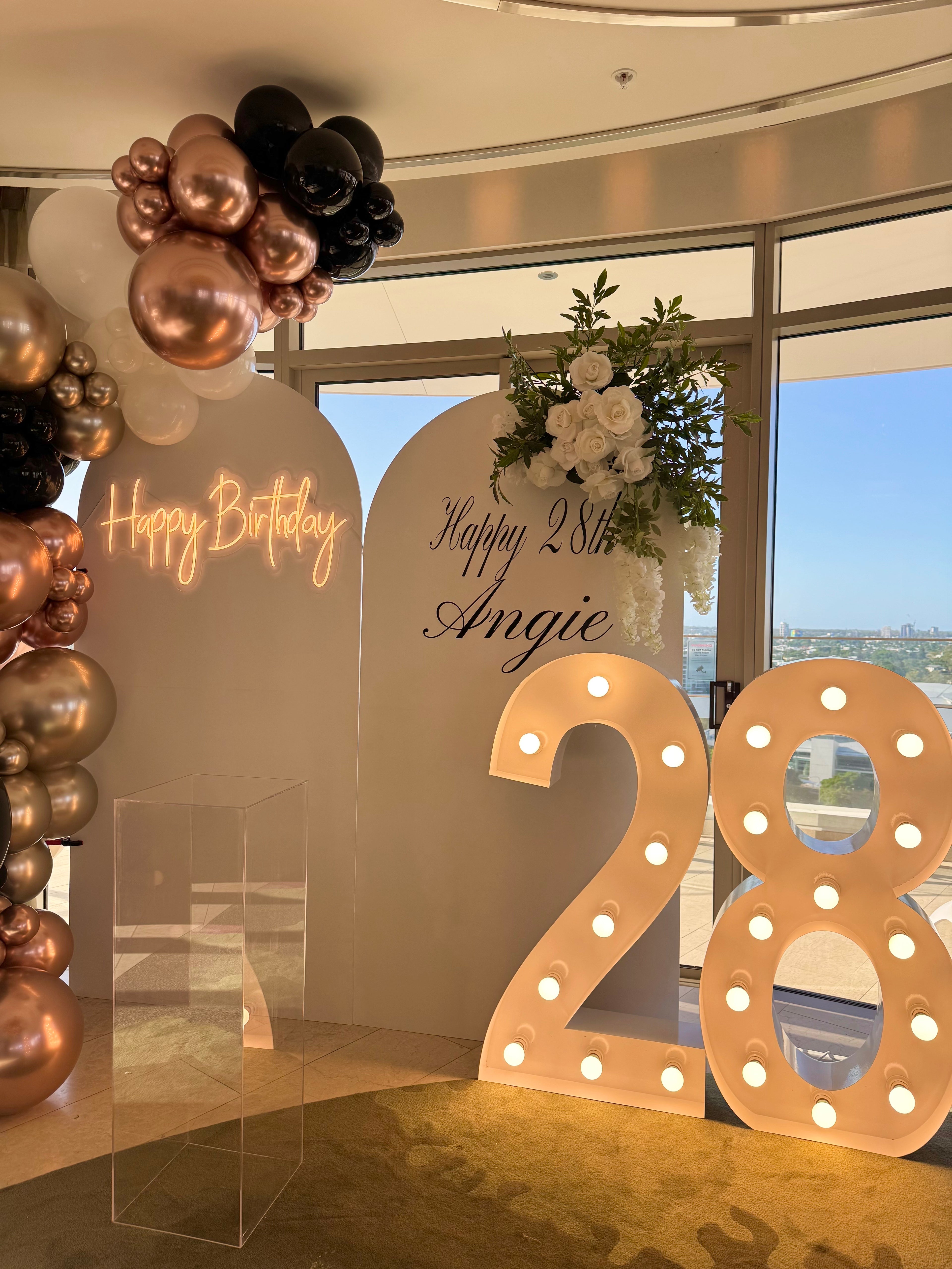 Show-stopping birthday celebration in Brisbane, Gold Coast & Sunshine Coast with neon signage, balloon arches, garlands, cake plinth, and florals.”

“Luxury milestone birthday package in Brisbane, Gold Coast & Sunshine Coast featuring light-up numbers, balloon arches, personalised décor, and florals.”

“Picture-perfect birthday setup across Brisbane, Gold Coast & Sunshine Coast with balloons, neon signage, arches, cake plinth, and floral styling.